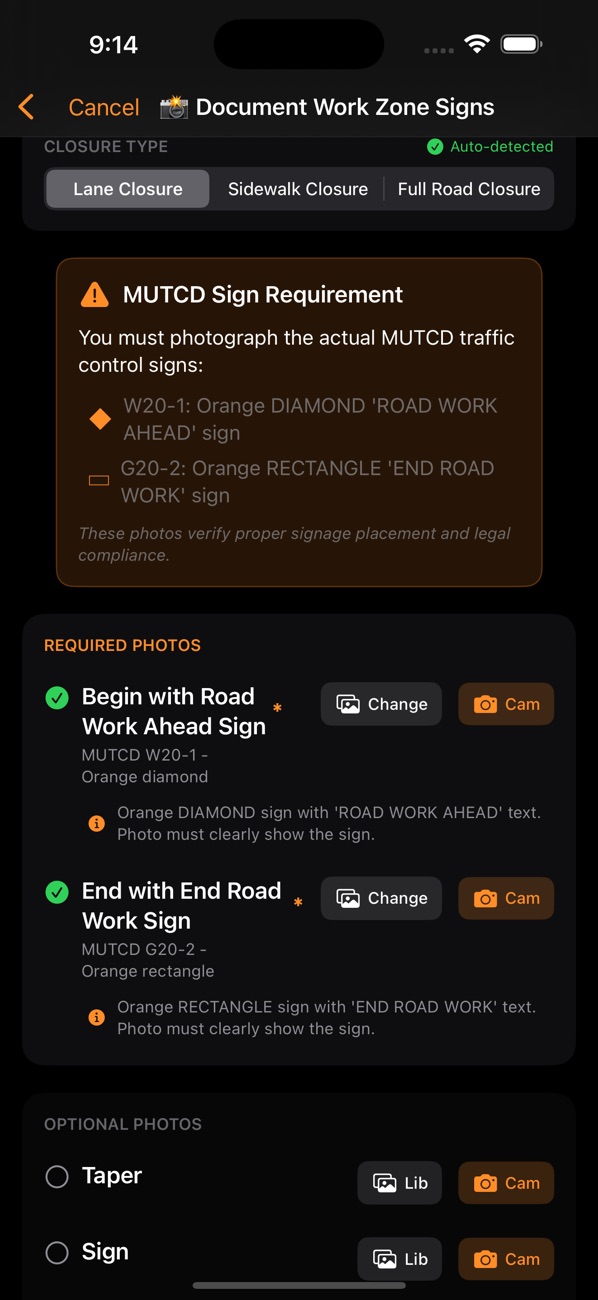 DTCD iPhone screen for documenting work-zone signs and required photos