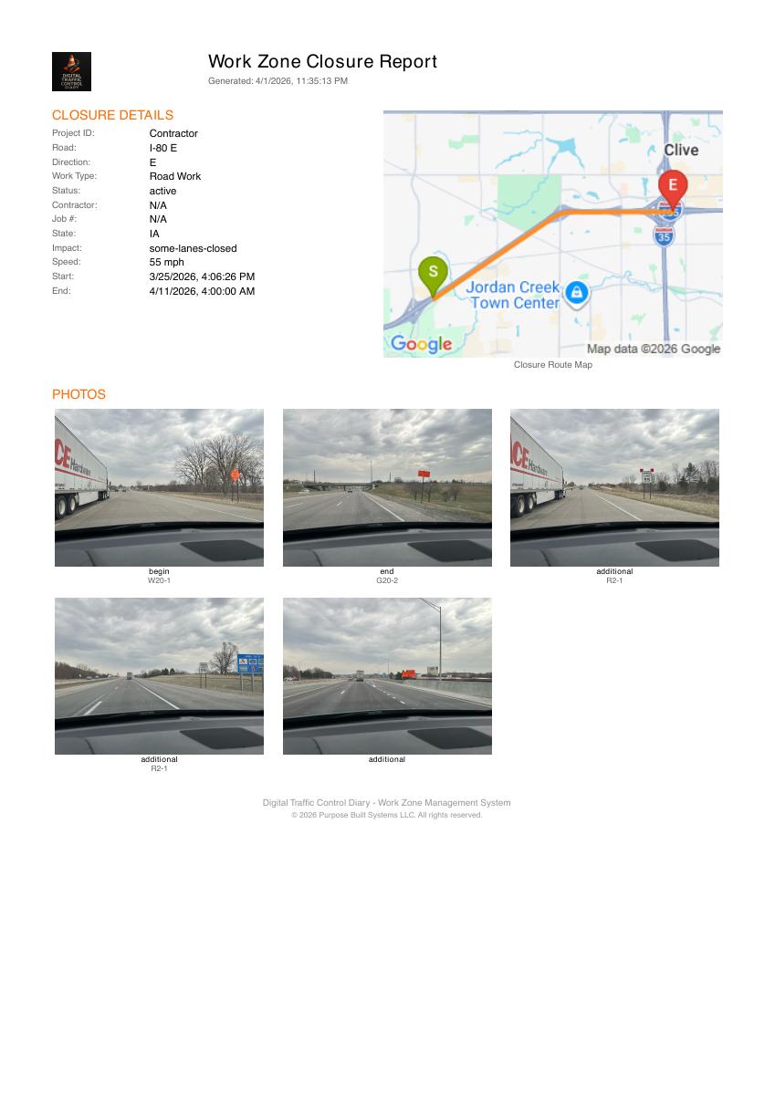 Sample DTCD closure report showing a route map, closure details and captured road-sign photos