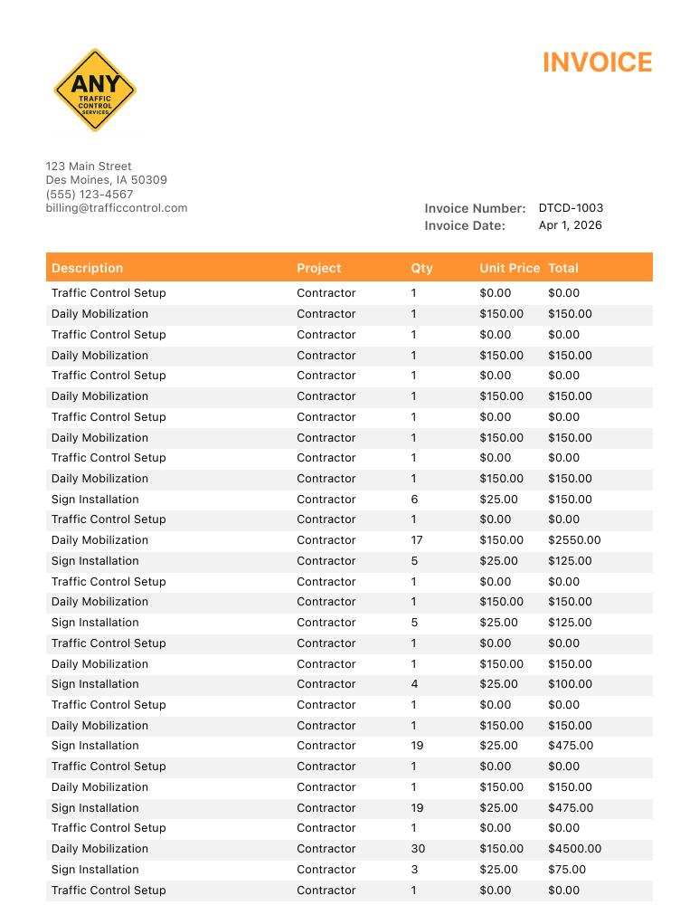 Sample invoice showing project-linked setup, mobilization and sign installation line items