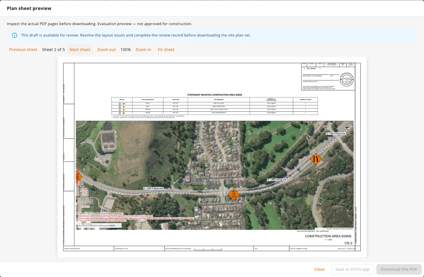 Plan Studio preview with road-following dimensions, warning signs and a satellite background on a curved Pacifica road