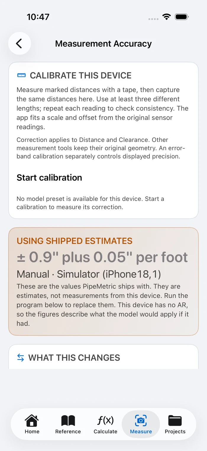 The simulator shows the calibration interface; it cannot establish real camera or AR accuracy.