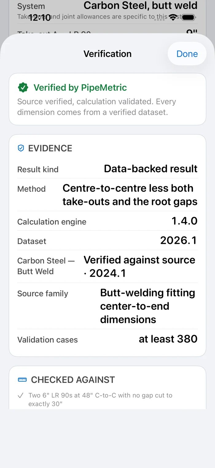 Verification shows the app's calculation and dataset evidence. Check applicability to your actual fittings.